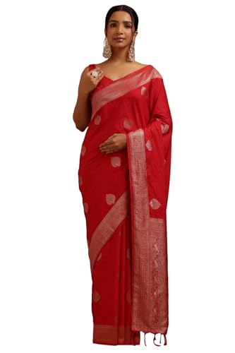 Soch Womens Red Viscose Silk Ethnic Motifs Zari Woven Saree
