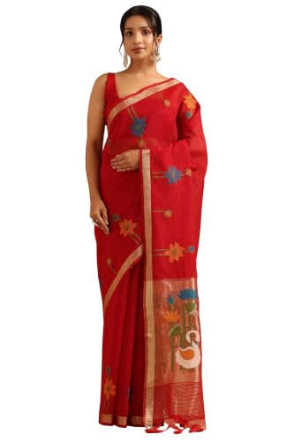 Soch Womens Red Tissue Botanical Zari Woven Saree