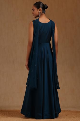 Soch Womens Teal Blue Silk Embroidered Gown with Mirror and Stone