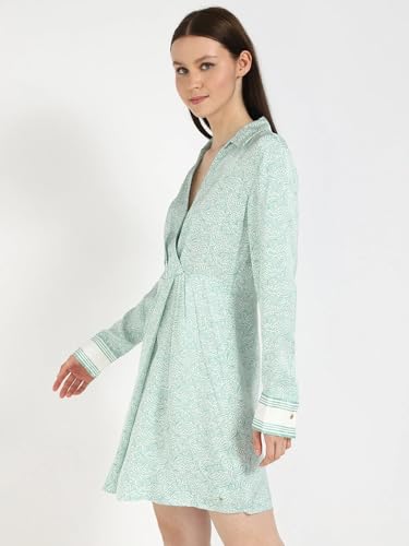 Viscose Spread Collar A-Line Dress Green