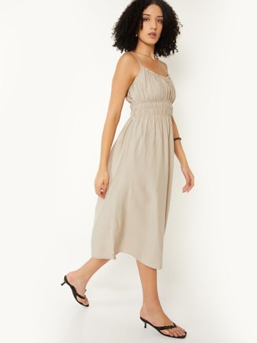 Max Women Solid A-line Midi Dress (Beige_XL)