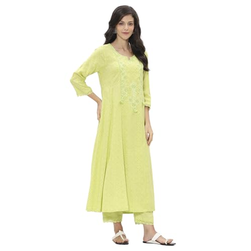 Rangriti Women Lime Green Viscose Rayon Flared Kurta Set_36