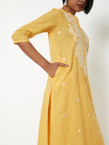 Max Women Embroidered Straight Kurta Set (Yellow_L)
