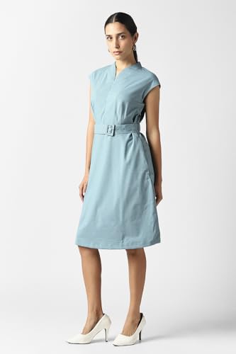 Women Light Blue Check Knee Length Formal Dress