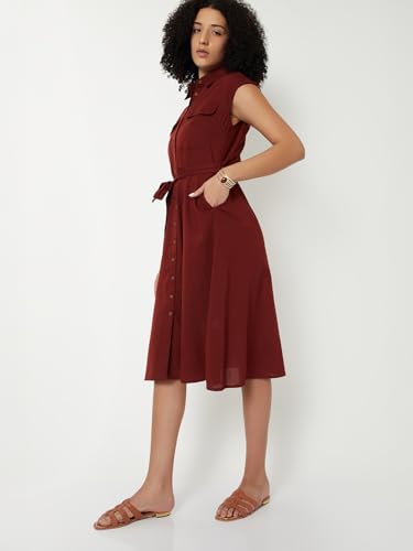 Max Women Solid Shirt Dress with Belt(Maroon_XS)