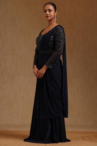 Soch Womens Navy Blue Spandex Solid Ready To Wear Saree