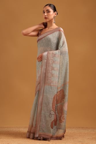 Soch Womens Olive Linen Digital Printed Botanical Machine Embroidered Saree