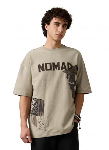 The Souled Store Textured T-Shirt: Nomad Men and Boys Short Sleeves Round Neck Beige Graphic Printed Casual Drop Shoulder Streetwear Trendy Super Oversized T-Shirts