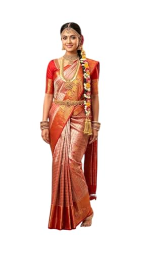 VFCollections Women's Traditional Handloom Kanchipuram Silk Pure Pattu Sarees | Rich Zari Woven Design | Unstitched Blouse (Red.)