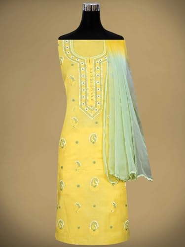 Ada Hand Embroidered Lucknowi Chikankari Unstitched Cotton Dress Material Suit Piece with Dupatta for Women 01A879665 Yellow