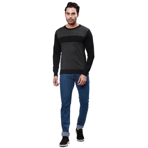 Raymond Men's Regular Fit Acrylic Wool Blend Full Sleeve Round Neck Jacquard Pattern Black Casual Sweater (Size: 2XL)-RMWX01235-K8