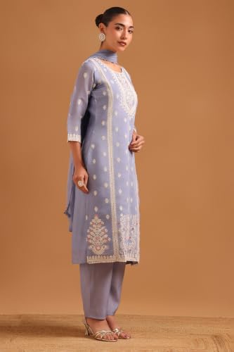 Soch Womens Blue Chanderi Botanical Embroidered Chikankari Embroidery Salwar Suit