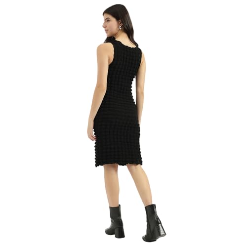 United Colors of Benetton Round Neck Textured Bodycon Dress (Size: M)-25P3P39W3875I100 Black