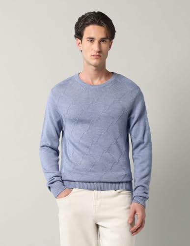 Arvind Geometric Patterned Regular Fit Sweater Blue