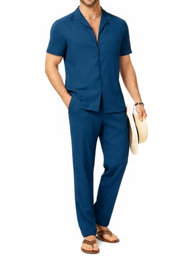 TYSORT Men's Summer 2 Piece Casual Button Down Short Sleeve Shirt with Loose Beach Pants Set|Cord Set for Men|Night Pants for Man|Cotton Night Suit Pajama Sets