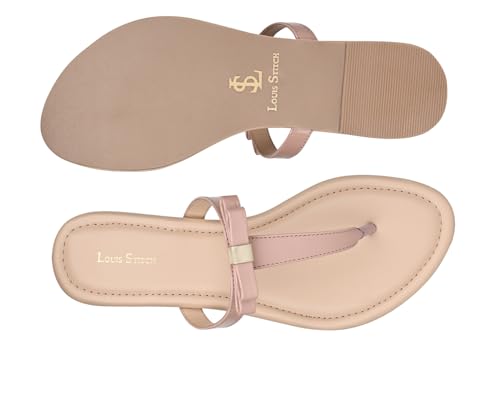 LOUIS STITCH Women’s Slip-On T-Strap Flat Sandals | Open Toe Peach Pink Stylish Sandal for Ladies, Fashionable and Comfortable Sandal | LSOF-FI01-TSNU | (UK 8)