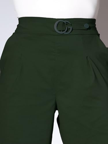Leriya Fashion Trousers for Women || Solid Bi-Stretch Straight Trousers with 2 Front Pockets & Decorative Buckle || for Office || Casual || Professionals Wear Pleated Trousers (Medium, Green)