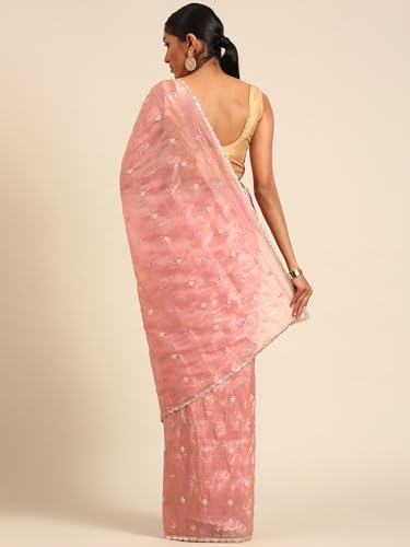 Panzora Women's Pink Tissue Gold Crush Embroiderd Saree With Unstitched Blouse Piece