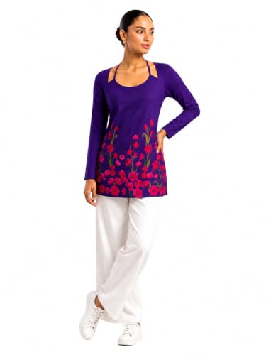 Threadflix Women Floral Printed Long Sleeve Tunic Top | Stylish Cut-Out Neck Casual Kurti | Corset Back & Laila Kurti | Soft Stretch Western Top for Women & Girls