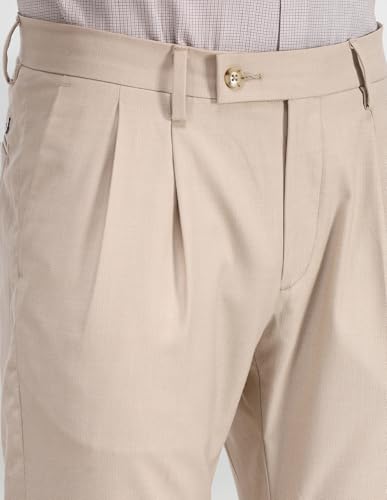 Arrow Men's Beige Solid Mid Rise Polyester Hook and Bar Slim Pleated Front Slant Pocket Trousers (ARAITR2144_Beige_36)