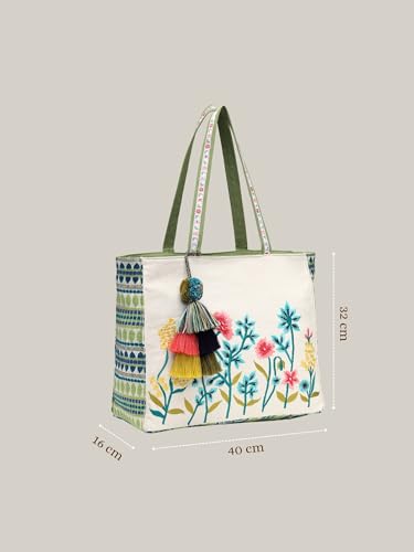 Anekaant Kooky Floral Embroidered Tote Bag for Women| Large Off White Jacquard Shoulder Bag | Perfect for College, Office & Everyday Use