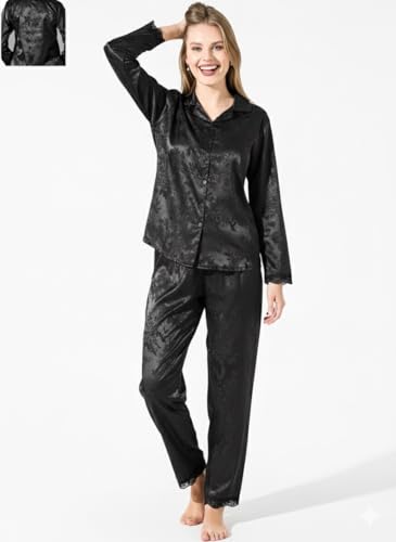 Kattly Nightsuit for Women | Luxury Coord Sets | Satin Loungewear | Women's Satin Nightsuit Set | Comfortable Pajama Set for Womens (Plus Size, Black-1, M)