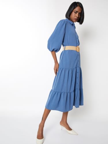 Max Women Textured Tiered Dress with Belt(Blue_L)