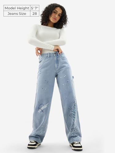The Souled Store Denim: Graffiti Women and Girls Buttoned Blue Printed Cotton Blend Baggy Fit Jeans