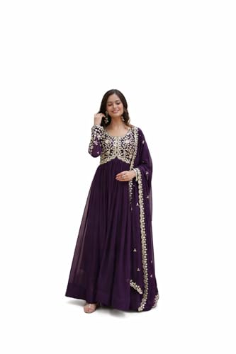 Mehervaa by vinni Women's Purple Embroidered Anarkali Suit Set with Dupatta, Gold Zari Work, Long Sleeve Ethnic Gown (in, Alpha, L, Regular)