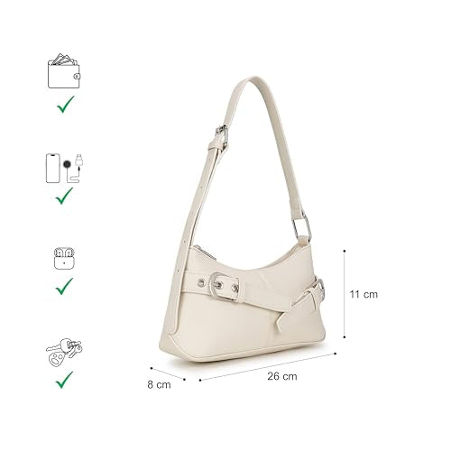 Fastrack Buckle Up Off White Shoulder Bag | Faux Leather bag with Buckle Detail | Adjustable Strap Shoulder Bag with Zipper Closure & Organised Interior