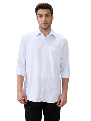 Raymond Men Regular Fit Stripe Pattern Pure Cotton Semi Cutaway Collar Full Sleeve Formal Shirt Blue