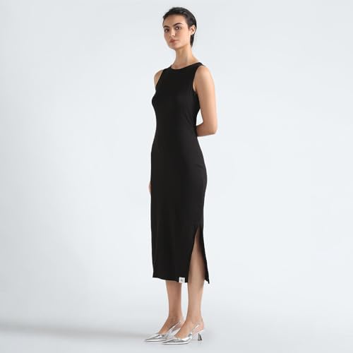 Calvin Klein Cotton Black Solid Round Neck Sleeveless Women Seaming Rib Dress (M)