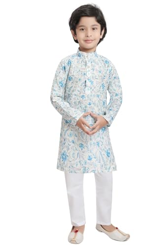 TinySteps Traditional Ethnic Wear Boys Printed Kurta With Sequence Work And White Cotton Elastic Waist Pajama Set (Blue)