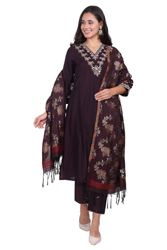 W for Woman Purple Embroidered Straight Kurta, Pants and Dupatta Set - (WS13238-224189-S)