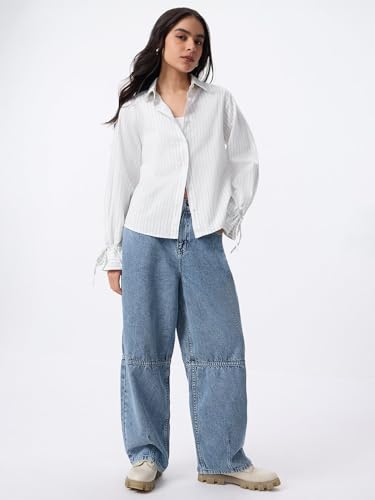 The Souled Store Cotton Linen: Prisma Women and Girls Full Sleeves Spread Collar White Striped Regular Fit Lightweight All-Season Cotton Linen Shirt