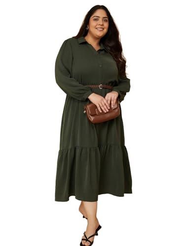 Max Women Textured A-line Tiered Shirt Dress with Belt (Green_3XL)