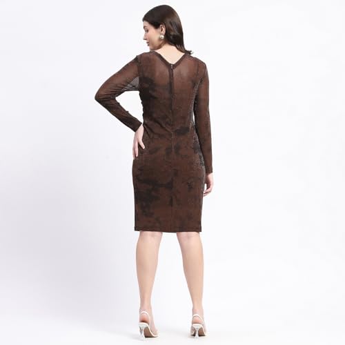 Madame Brown Nylon Blend Front Overlapping Midi Mesh Dress