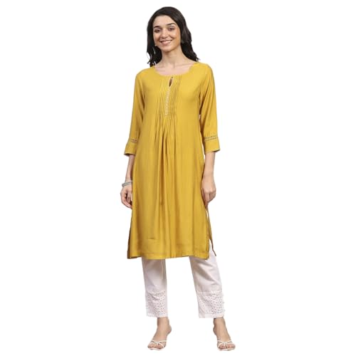 Rangriti Women's Viscose Blend Solid Straight Kurta (RROZ20972AW25YEL_Yellow