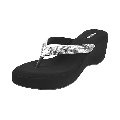 Mochi Women's Black Silver Studded Wedge Sandals | 4 Inch Heel Height | Premium Suede Open Toe Slip On Fashion Footwear | Lightweight | Comfort | Party, Casual, Festive, Stylish Wear | UK 3