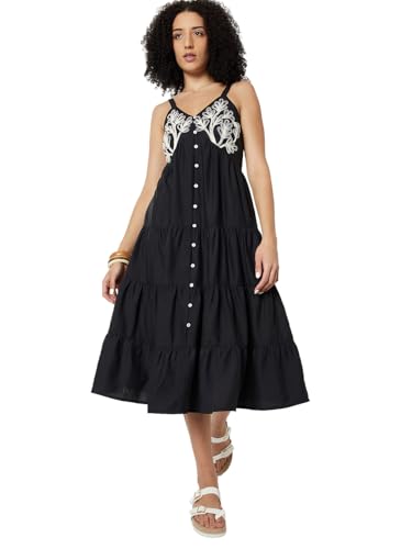 Max Women Embroidered Tiered Midi Dress (Black_XS)