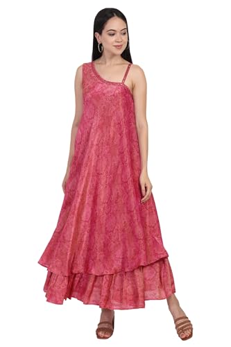 W for Woman Pink Sequin Zari Embellished Flared Tissue Dress - (W13233-126427-S)