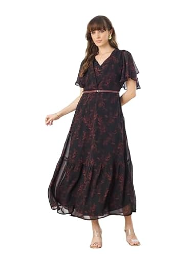 Latin Quarters Women's Black Printed V-Neck Half Sleeve Casual Fit & Flare Dress_L