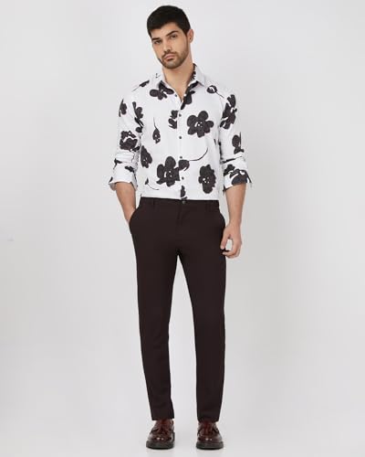 MUFTI Men Shirt | Slim Fit Full Sleeve Spread Collar Floral Print Design | 100% Cotton Sateen Fabric for Party & Smart Casual Wear| Bright Snow White 6XL