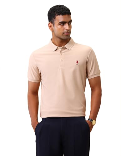 U.S.Polo Association Men's Textured Pure Cotton Polo Shirt Beige