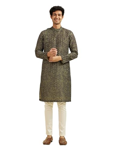 DIWAS BY MANYAVAR Men's Art Silk Printed Kurta Set (Dark Green,L)