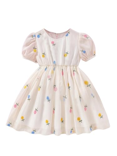 TAGAS Girls Swiss Dot Floral Print Dress Sleeve Less Round Neck Elastic Waist Dress for Girls(KD-399) (3-4 Years, of White)