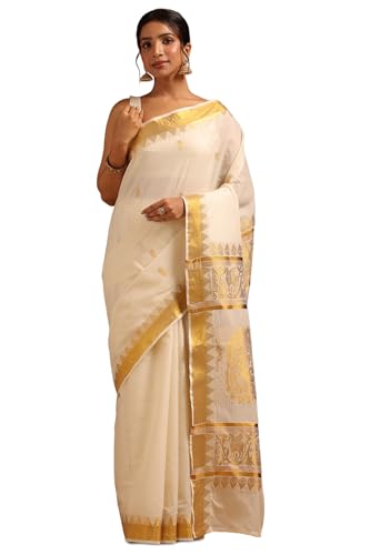 Soch Womens Cream Cotton Zari Woven Kasavu Saree