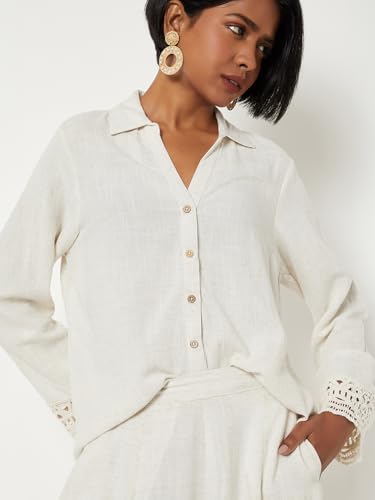 Max Women Lace Embroidered Regular Fit Shirt (Beige_M)