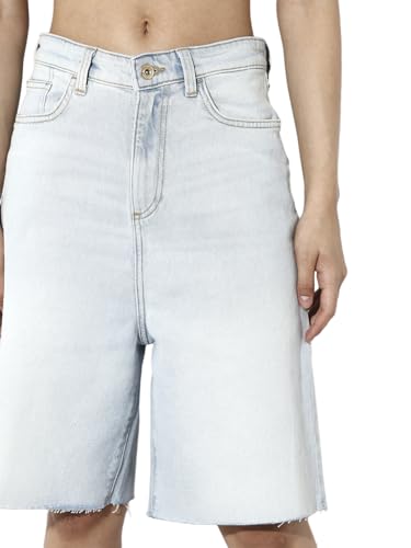 ONLY Women's Solid Regular Fit Mid-Rise Blue Shorts