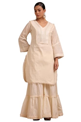 Soch Womens Off White Cotton Embroidered Suit Set With Faux Mirror And Sequins